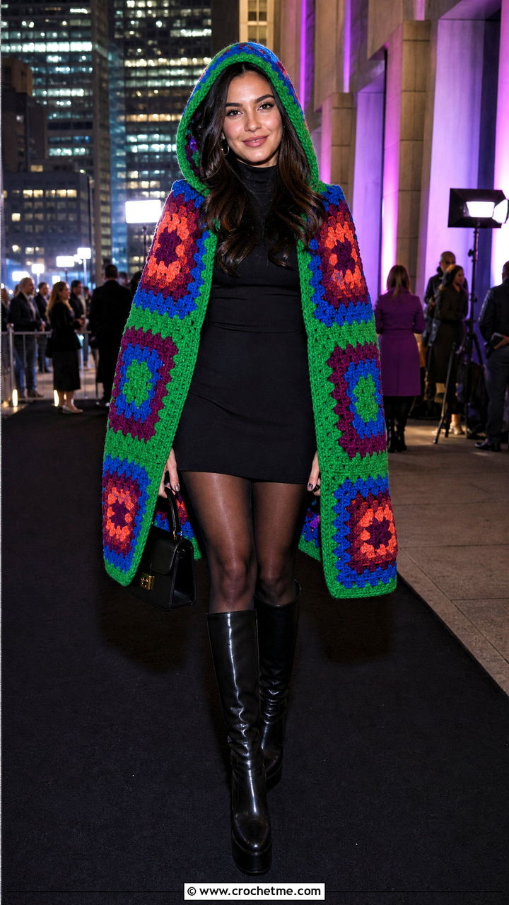 Hooded Granny Square Crochet Cape With A Mini Dress - 35 crochet cape outfit ideas