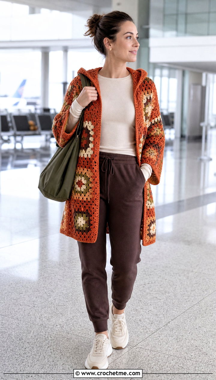 Hooded Granny Square Crochet Cardigan With Joggers - 25 Crochet Cardigan From Square outfit ideas