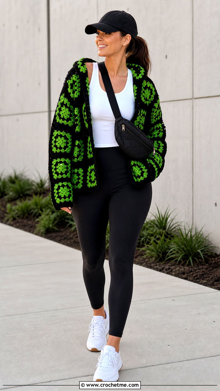 Hooded Granny Square Crochet Cardigan With Leggings - 35 granny square crochet cardigan outfit ideas