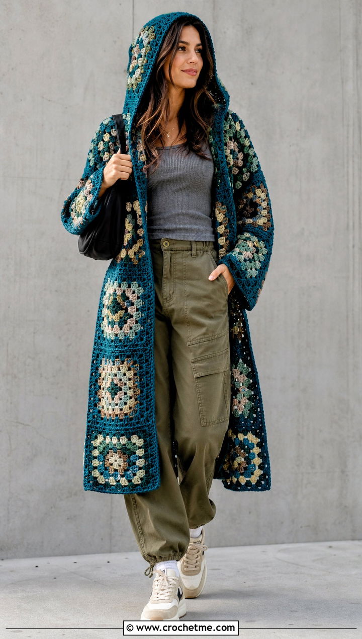 Hooded Granny Square Crochet Coat With Cargo Pants - 25 Granny Square Crochet Coat outfit ideas