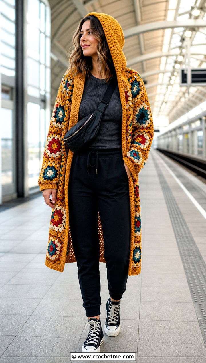 Hooded Granny Square Crochet Coat With Joggers - 25 crochet coat ideas