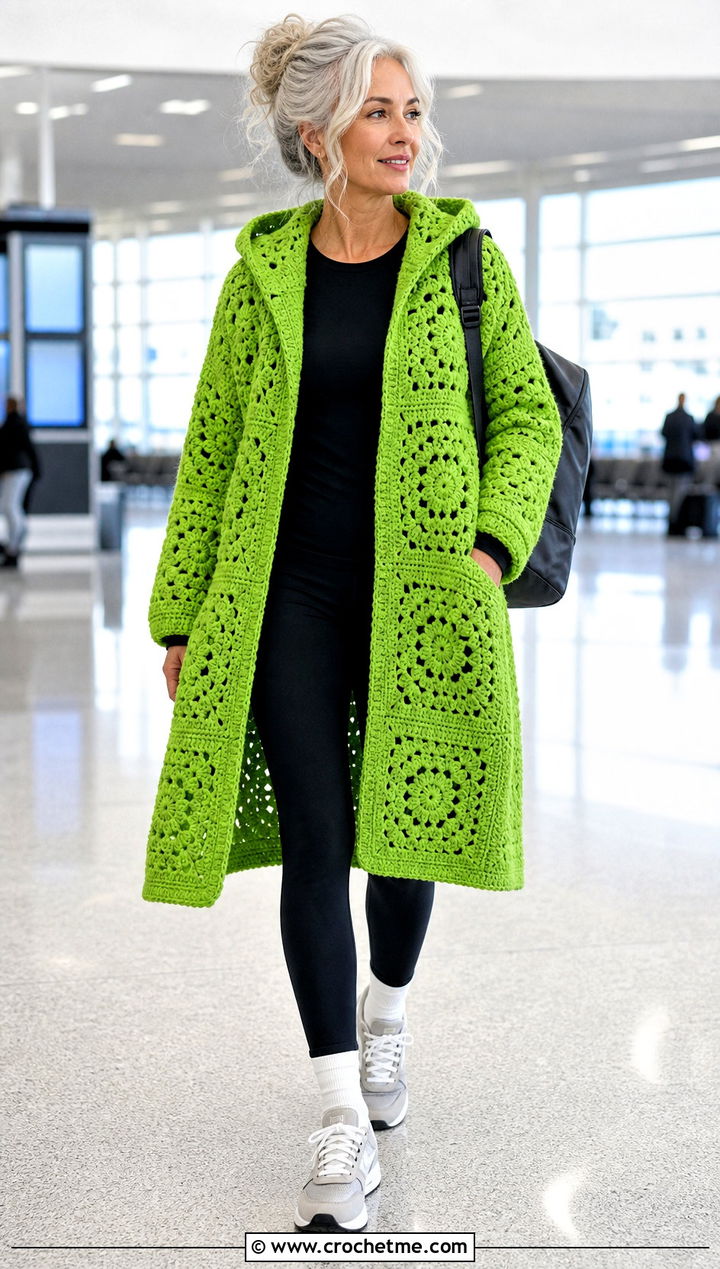 Hooded Granny Square Crochet Coat With Leggings - 30 women crochet coat outfit ideas