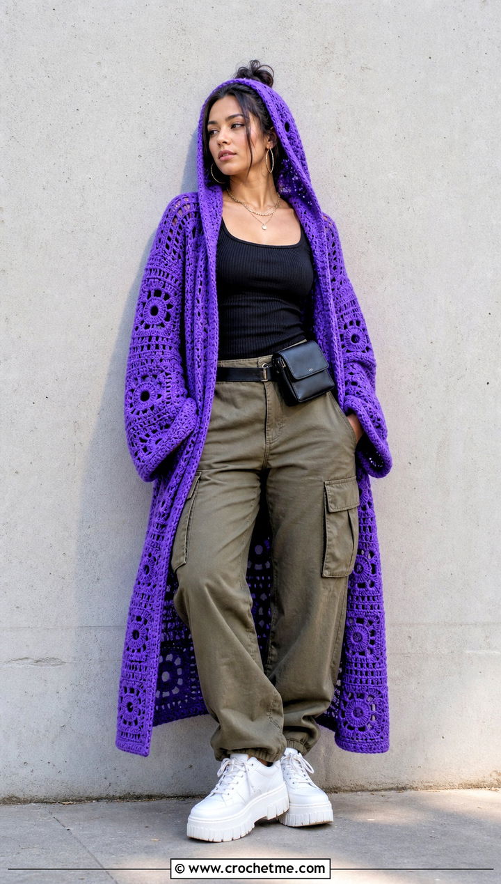 Hooded Granny Square Crochet Duster With Cargo Pants - 15 Granny Square Crochet Duster outfit ideas