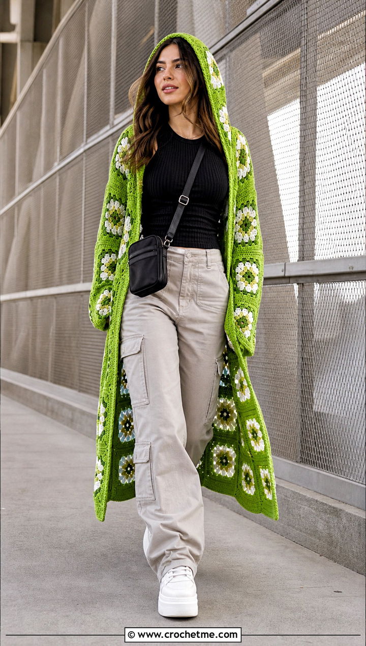 Hooded Granny Square Crochet Duster With Cargo Pants - 25 crochet duster outfit ideas