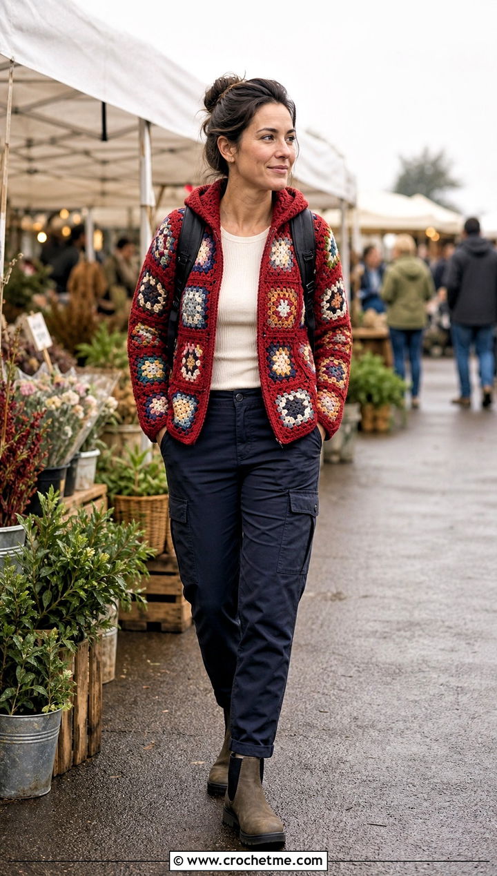 Hooded Granny Square Crochet Jacket With Utility Pants - 15 Granny Square Crochet Coats & Jackets outfit ideas