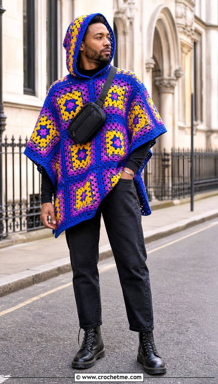 Hooded Granny Square Crochet Poncho With Black Jeans - 30 men crochet poncho outfit ideas