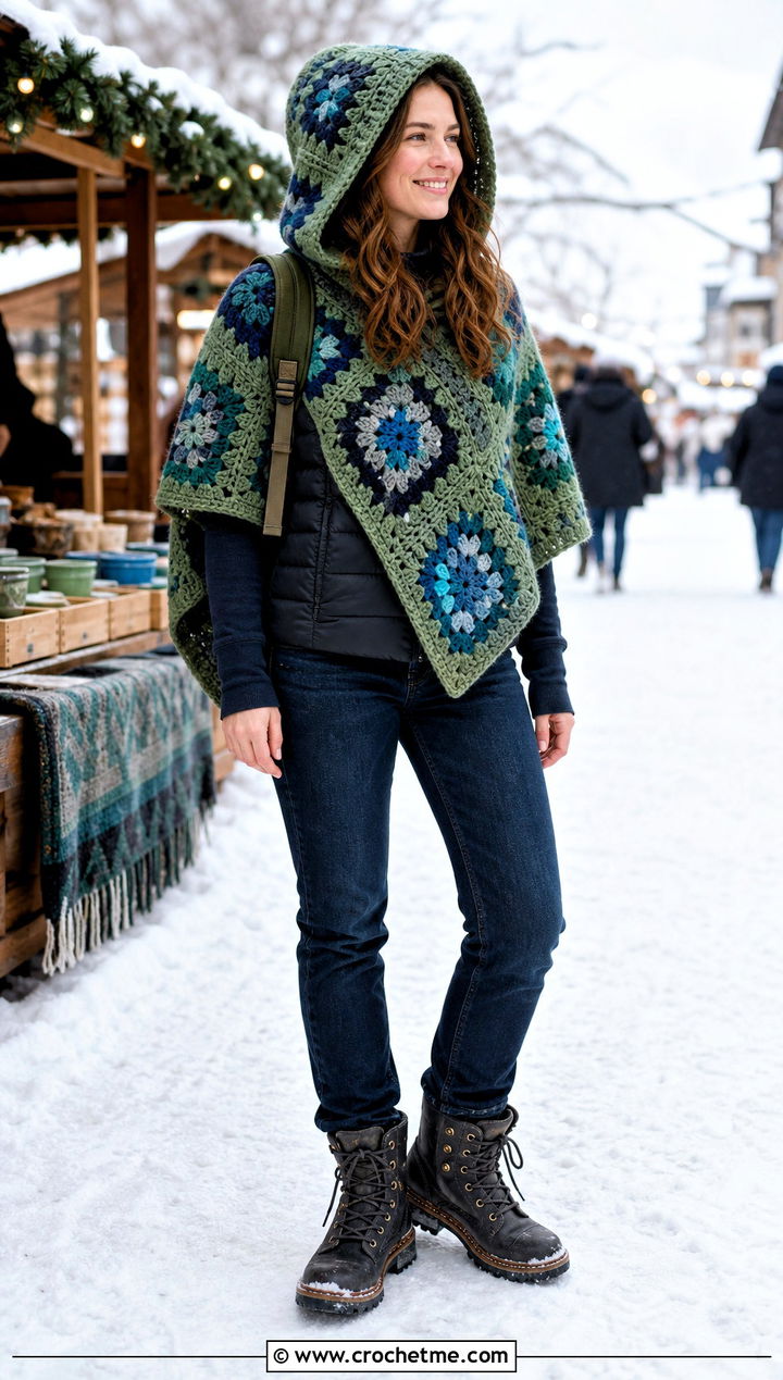 Hooded Granny Square Crochet Poncho With Puffer Vest - 30 woman winter crochet poncho outfit ideas
