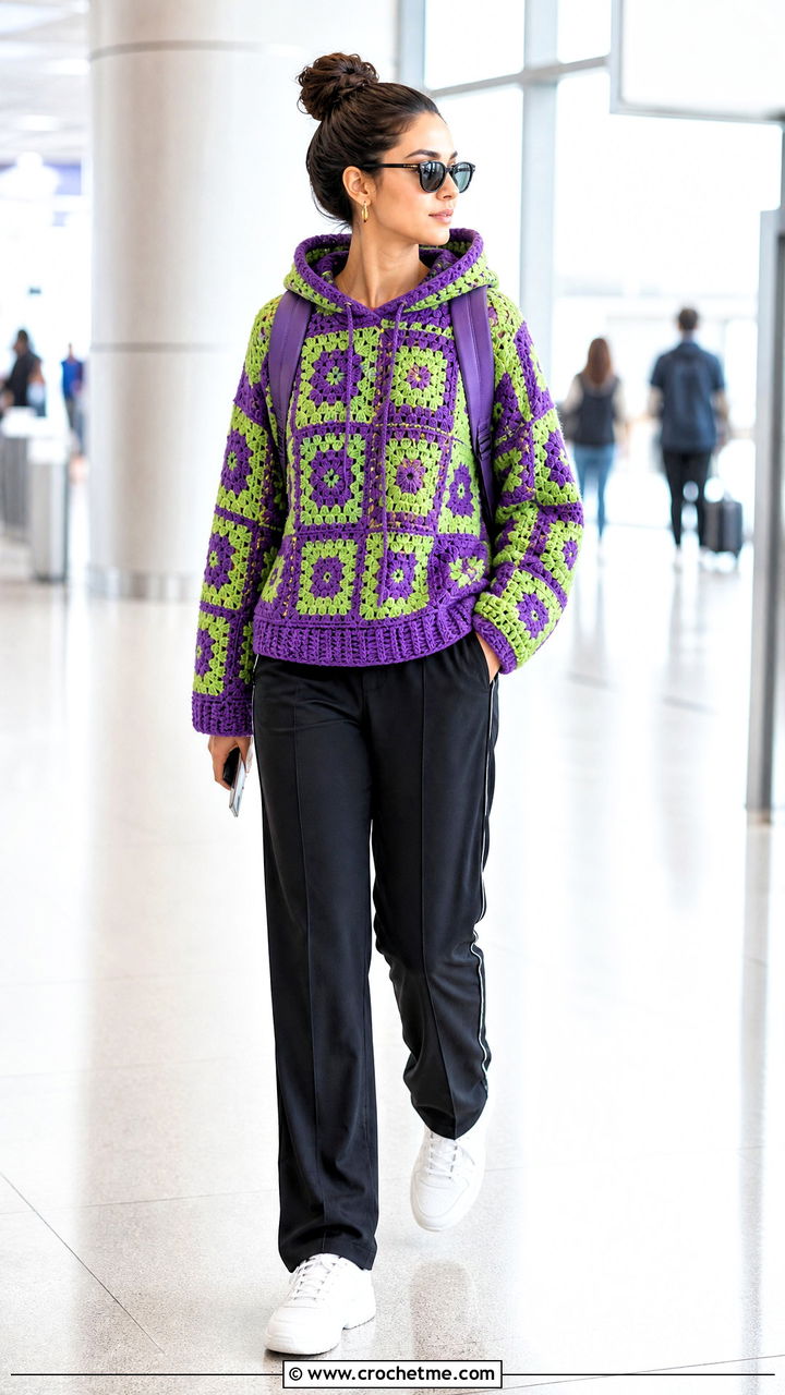 Hooded Granny Square Crochet Sweater With Track Pants - 35 granny square crochet sweater outfit ideas