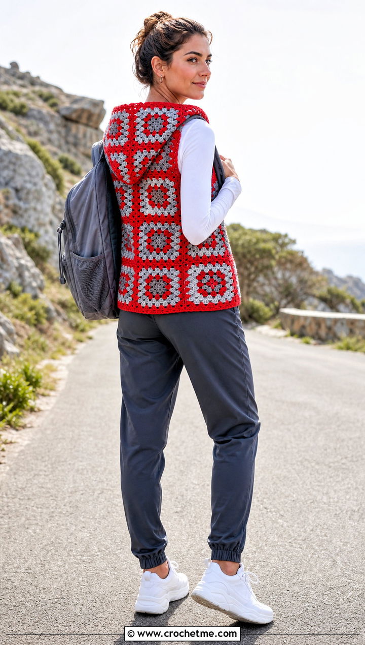 Hooded Granny Square Crochet Vest With Track Pants - 25 Granny Square Crochet Vest outfit ideas