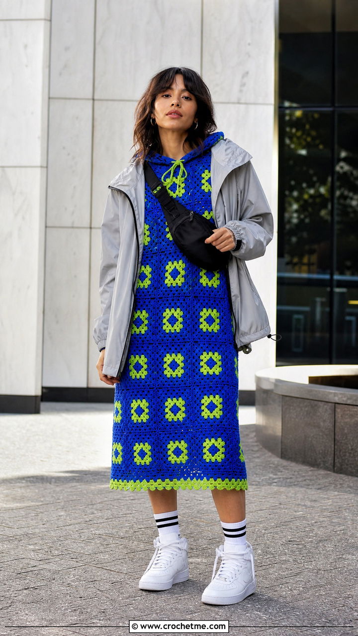 Hooded Granny Square Dress With High Top Sneakers - 35 crochet granny square dress outfit ideas