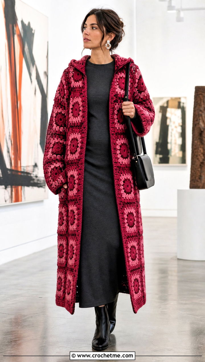 Hooded Granny Square Duster Cardigan With Column Dress - 30 granny square cardigan with hood outfit ideas