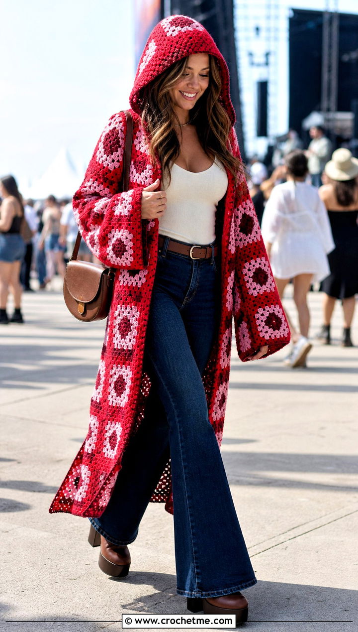 Hooded Granny Square Duster Coat With Flared Jeans - 30 crochet granny square coat outfit ideas