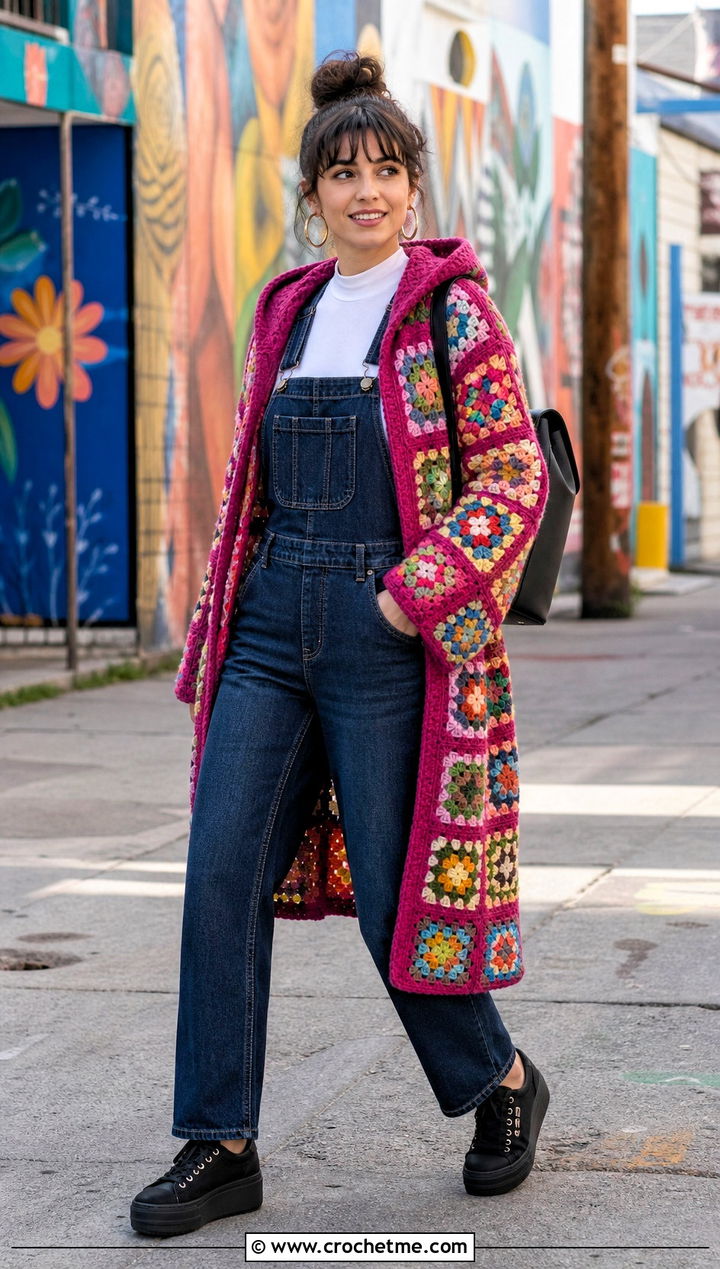 Hooded Granny Square Duster Jacket With Denim Overalls - 25 Granny Square Hooded Jacket outfit ideas
