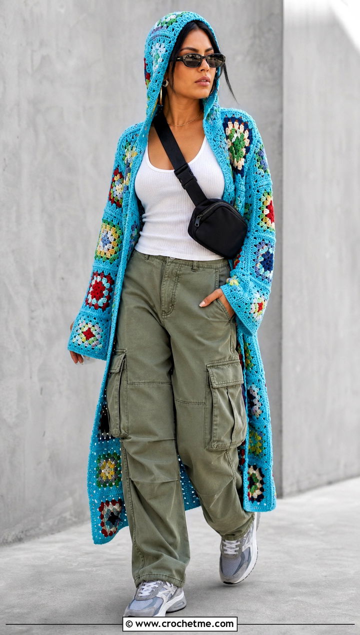 Hooded Granny Square Duster With Cargo Pants - 25 Crochet Granny Square Duster outfit ideas