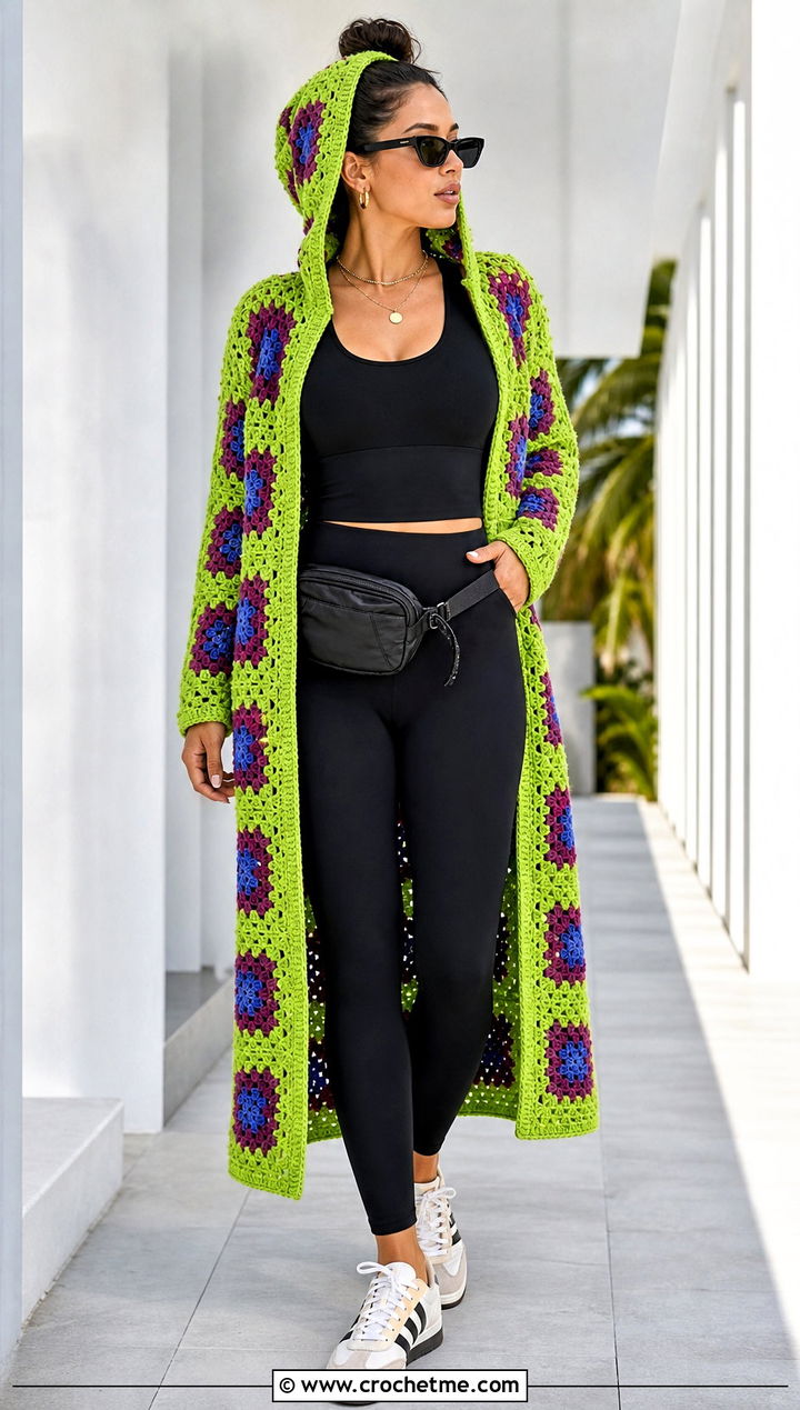 Hooded Granny Square Duster With Leggings - 35 granny square duster outfit ideas