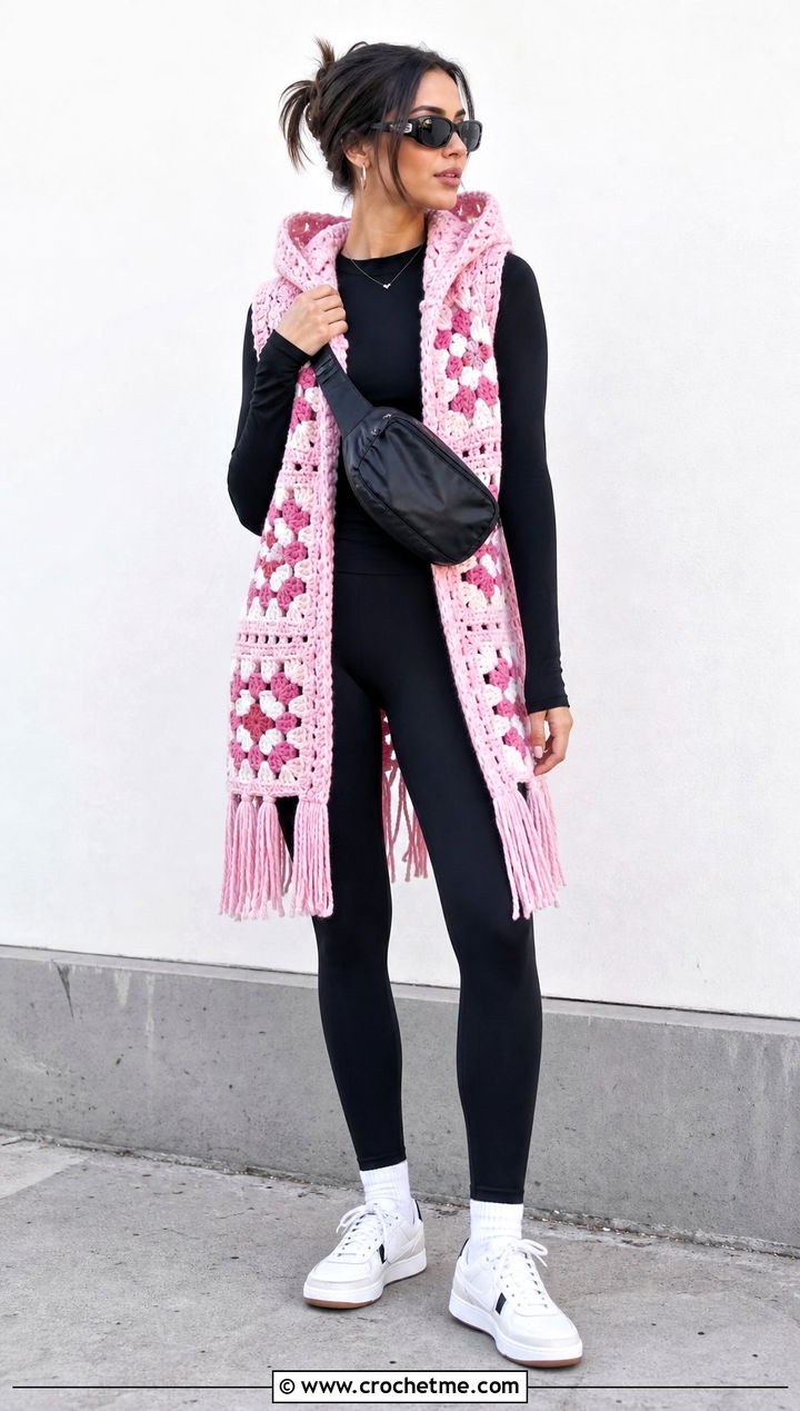 Hooded Granny Square Fringe Vest With Leggings - 15 long crochet vest with fringe outfit ideas