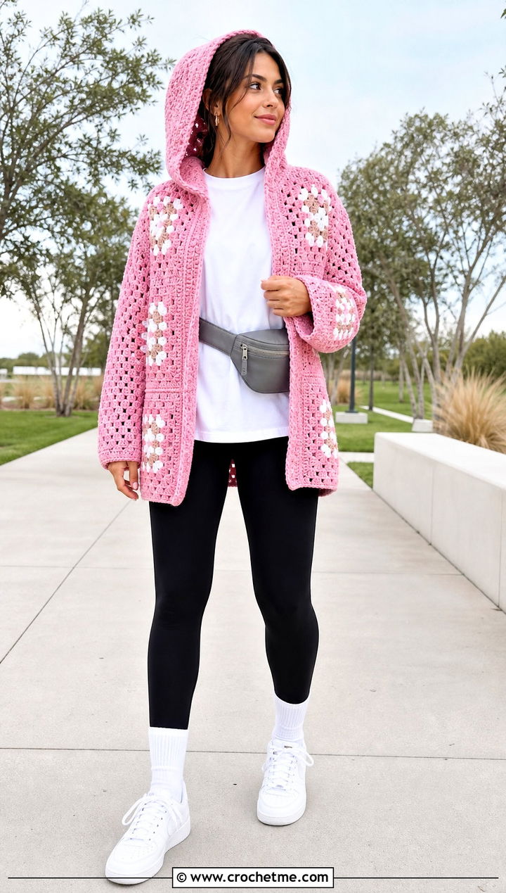 Hooded Granny Square Jacket With Black Leggings - 30 crochet granny square jacket outfit ideas