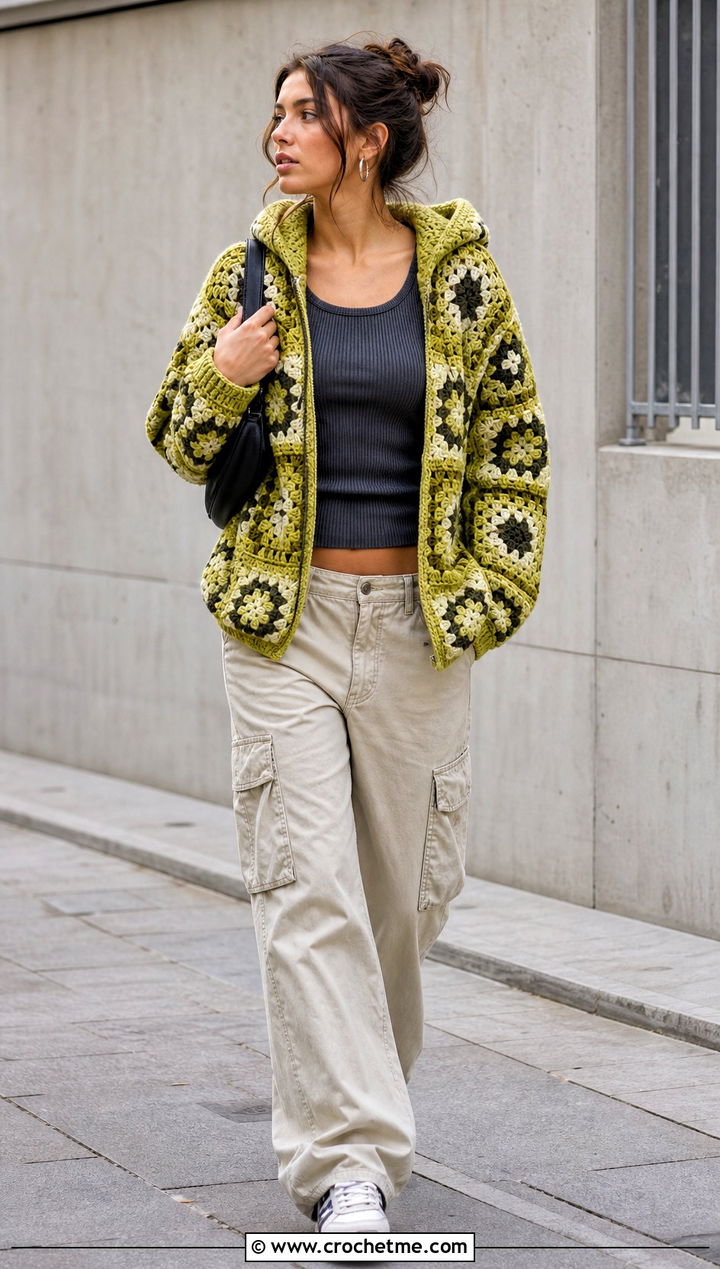 Hooded Granny Square Jacket With Cargo Pants - 30 granny square jackets outfit ideas