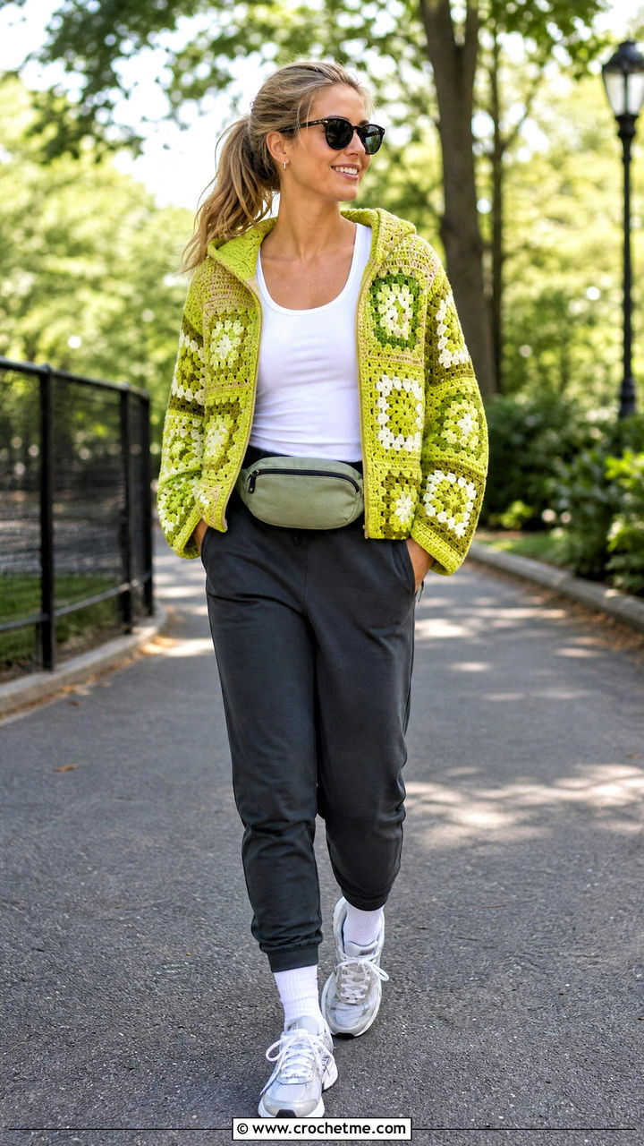 Hooded Granny Square Jacket With Joggers - 35 granny square jacket outfit ideas