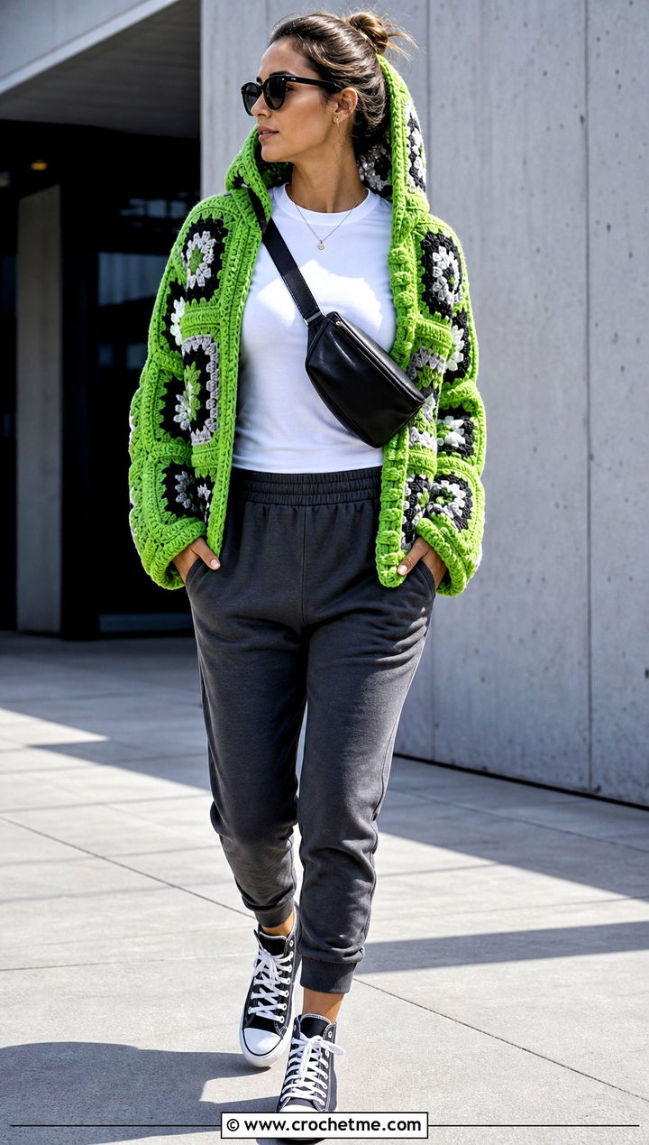 Hooded Granny Square Jacket With Joggers - 30 crochet square jacket outfit ideas