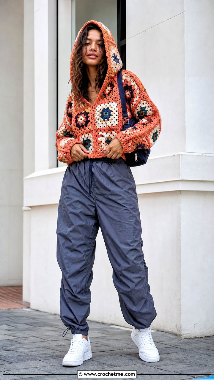 Hooded Granny Square Jumper With Parachute Pants - 35 crochet granny square jumper outfit ideas