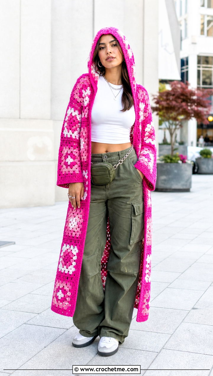 Hooded Granny Square Kimono With Cargo Pants - 15 crochet granny square kimono outfit ideas