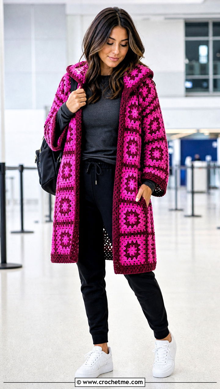 Hooded Granny Square Kimono With Joggers - 30 granny square kimono outfit ideas