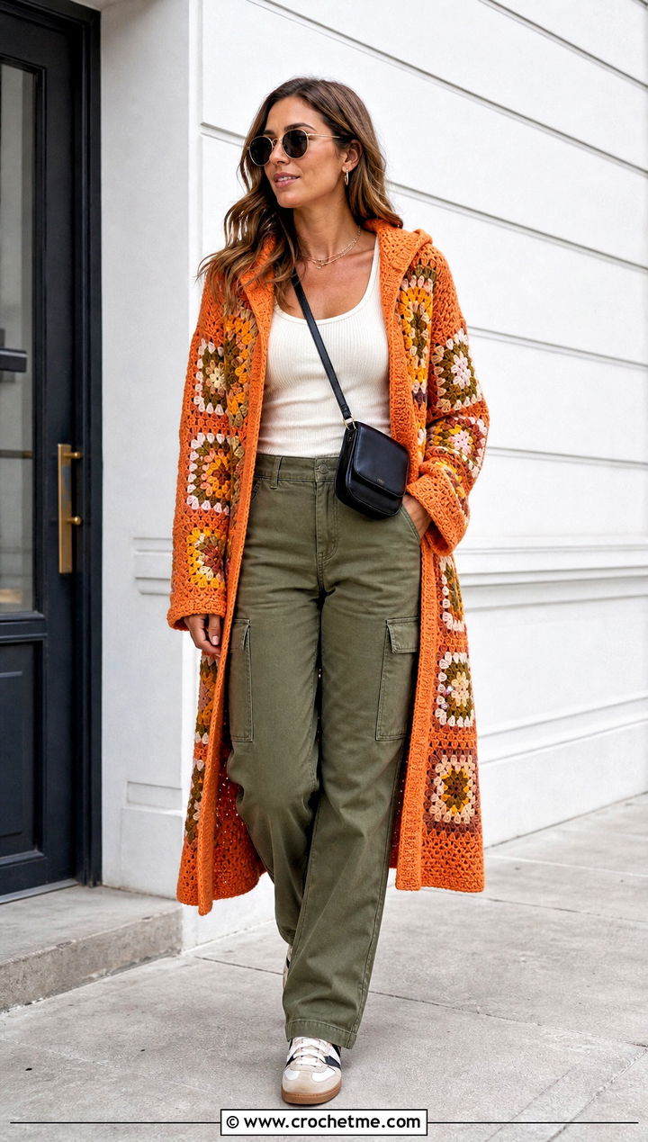 Hooded Granny Square Long Cardigan With Cargo Pants - 25 granny square long cardigan outfit ideas