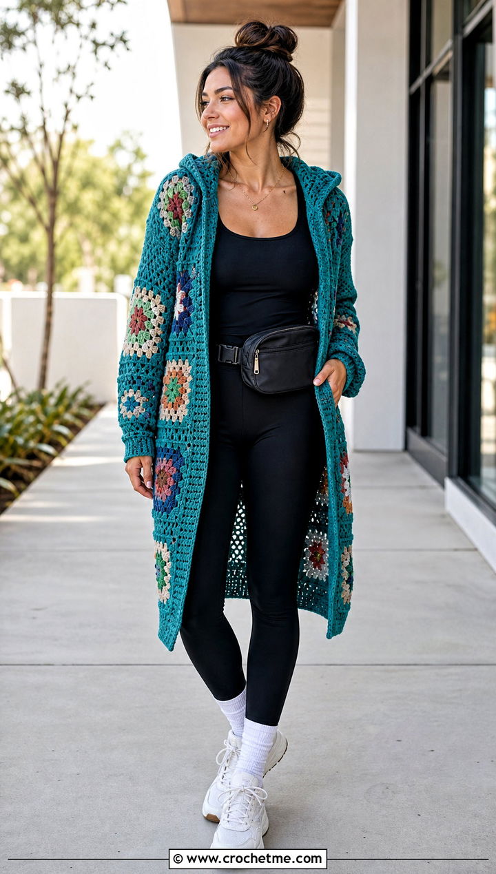 Hooded Granny Square Long Cardigan With Leggings - 25 crochet granny square long cardigan outfit ideas