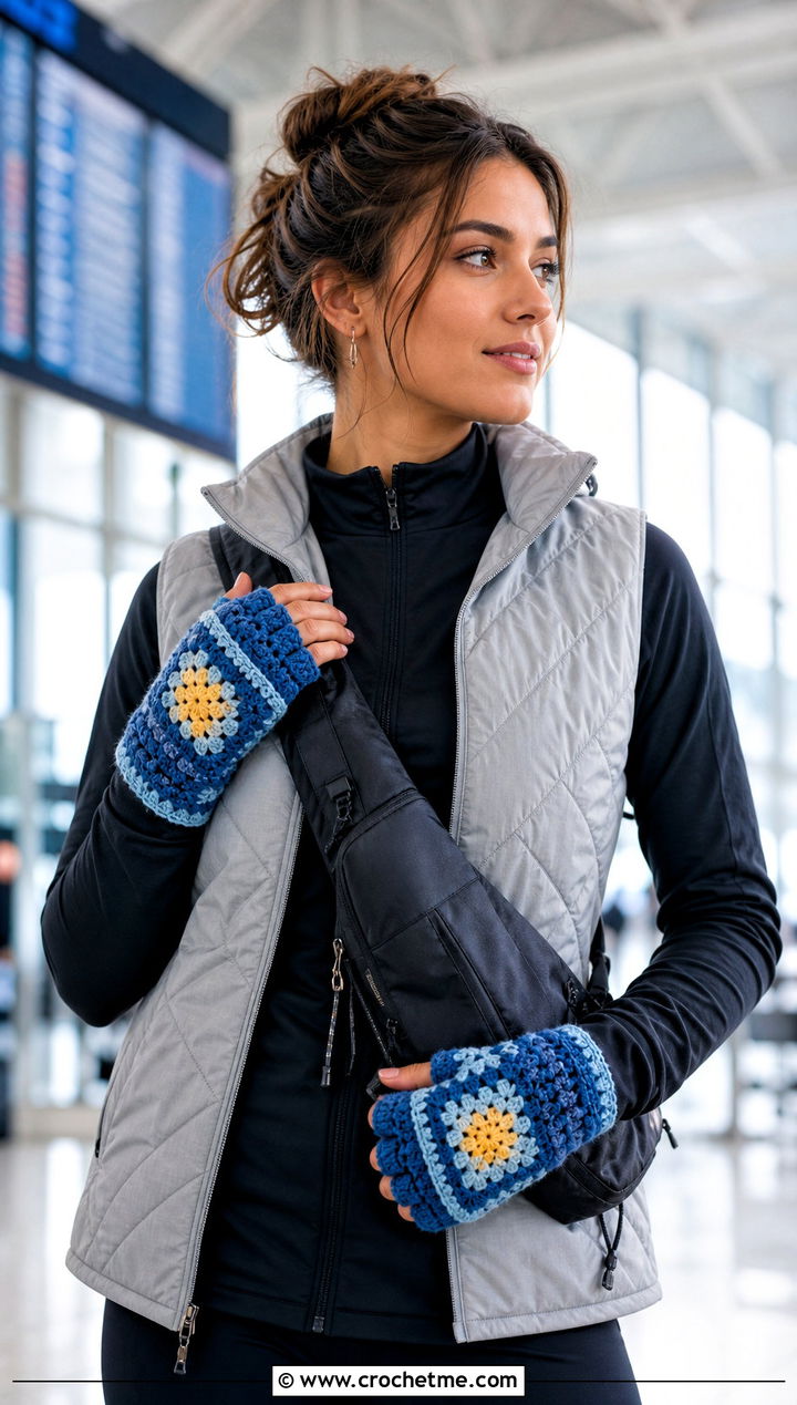 Hooded Granny Square Mitts With Athleisure Set - 20 Fingerless Granny Square Gloves outfit ideas