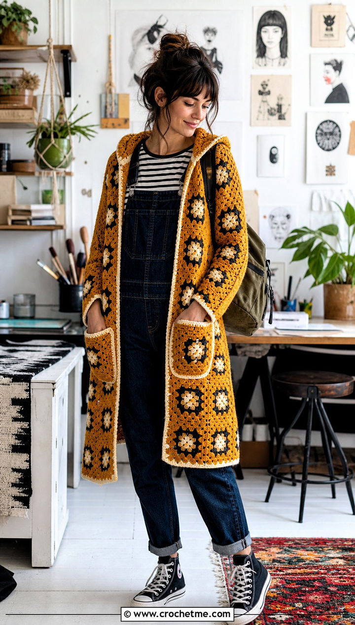 Hooded Granny Square Pocket Shawl With Overalls - 25 Easy Crochet Shawl With Pockets outfit ideas