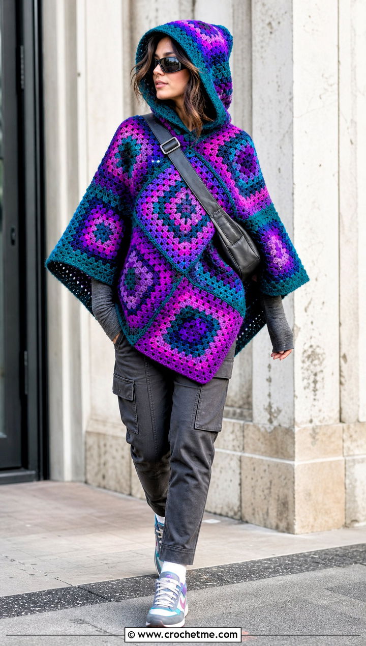 Hooded Granny Square Poncho With Cargo Pants - 35 granny square poncho outfit ideas