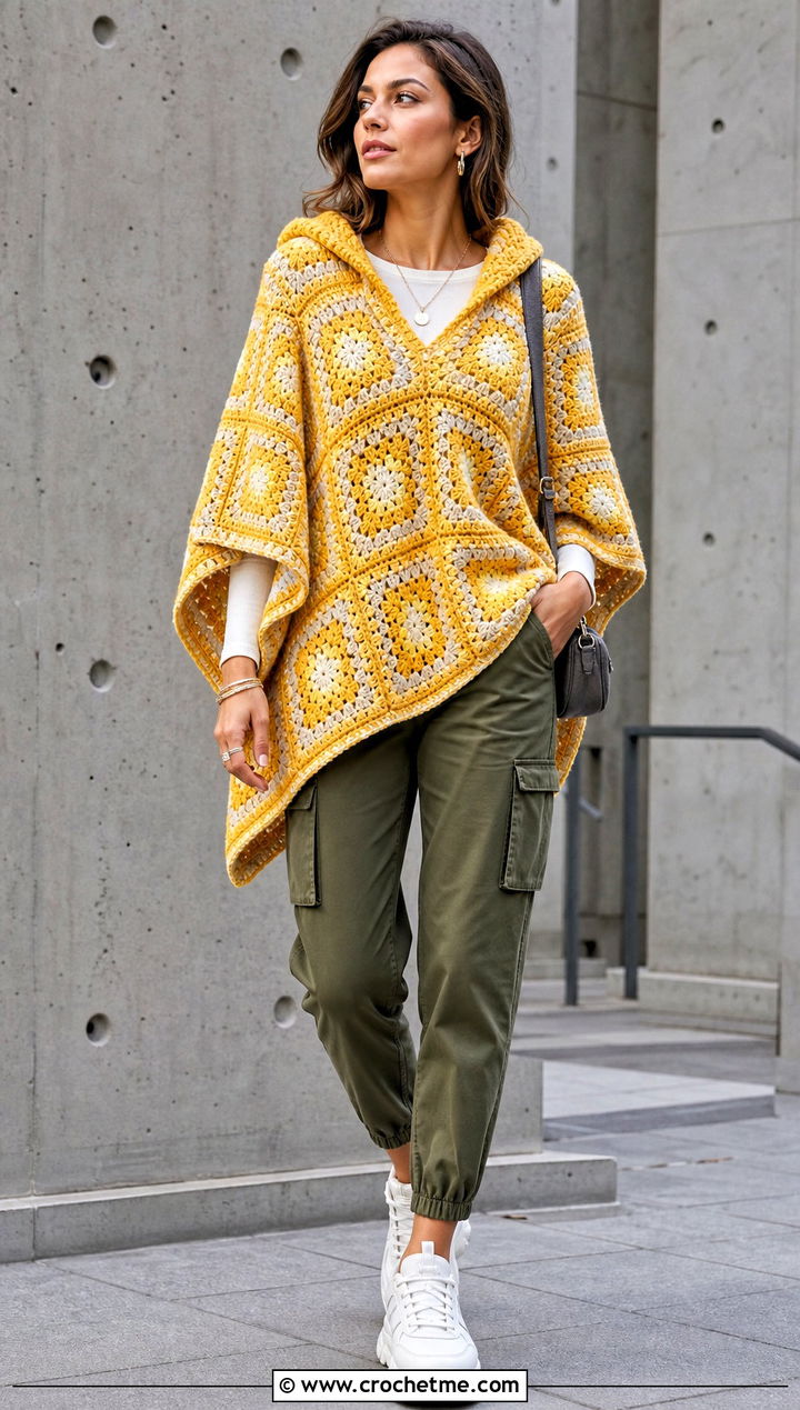 Hooded Granny Square Poncho With Cargo Pants - 15 easy granny square poncho outfit ideas