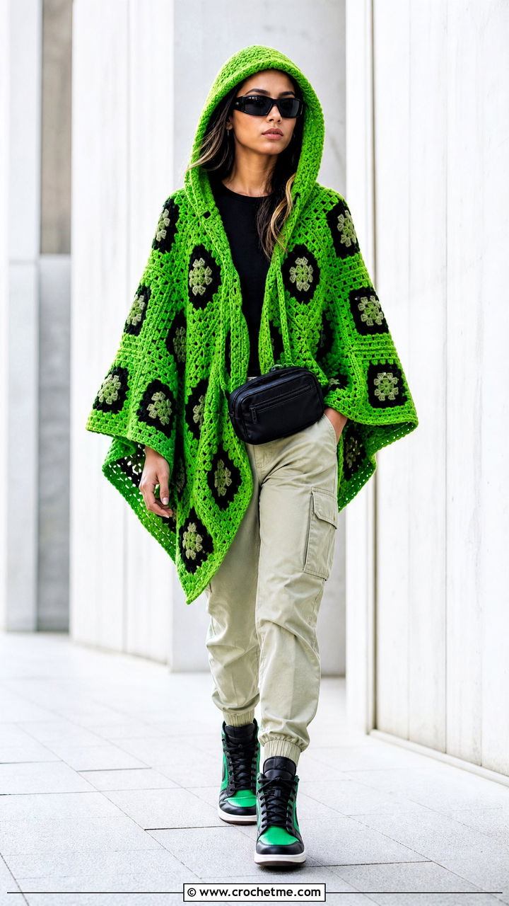 Hooded Granny Square Poncho With Cargo Pants - 35 crochet granny square poncho outfit ideas