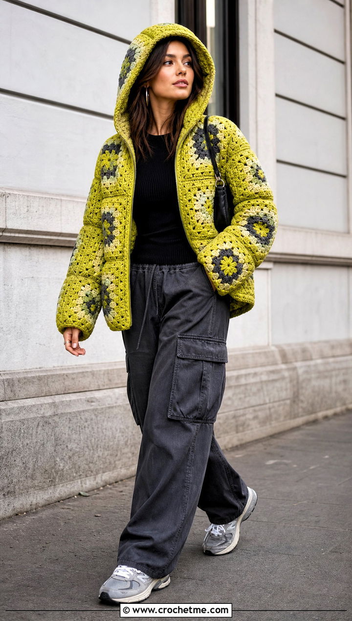 Hooded Granny Square Puffer Jacket With Cargo Pants - 15 granny square puffer jacket outfit ideas