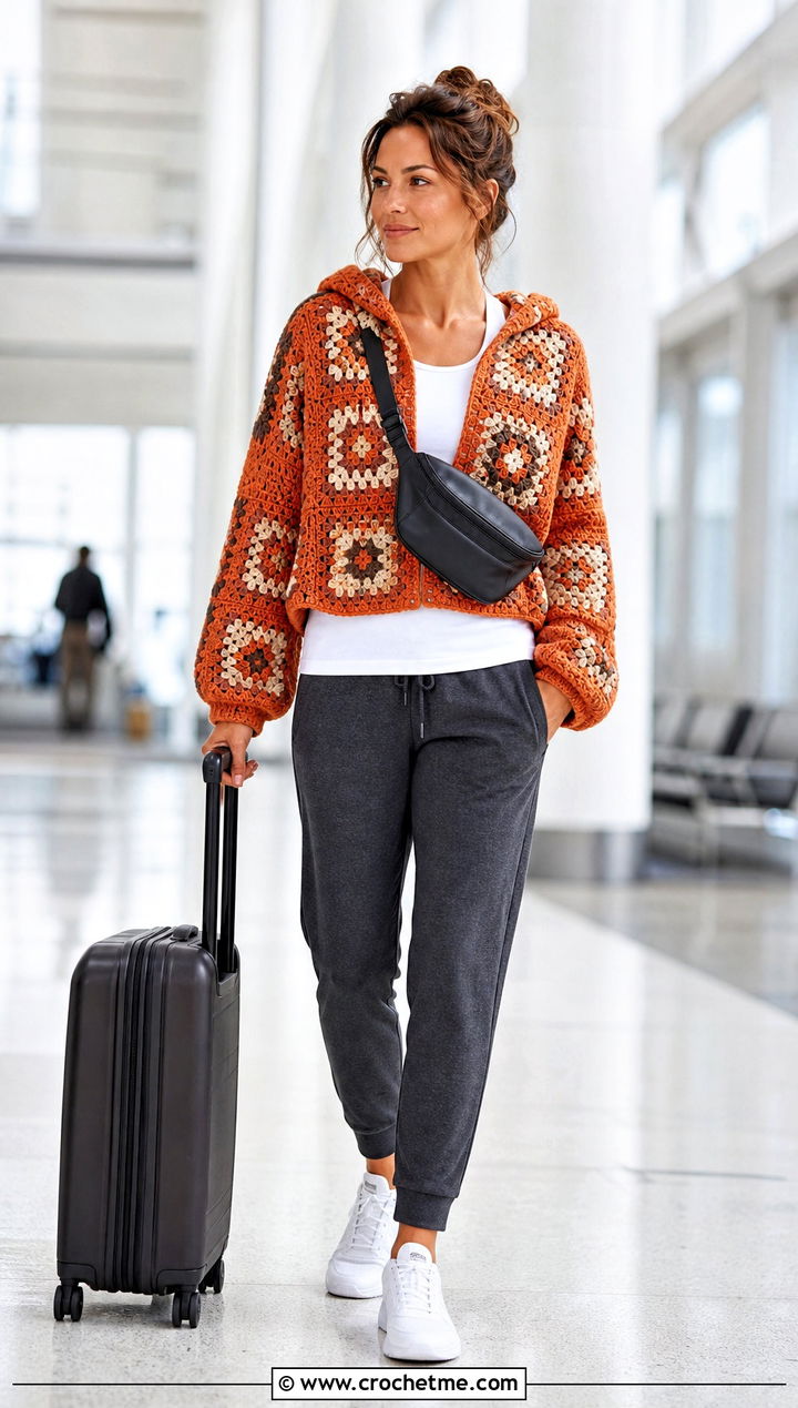 Hooded Granny Square Pullover Sweater With Joggers - 25 crochet granny square pullover sweater outfit ideas