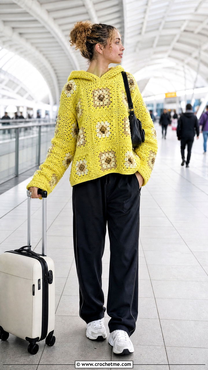 Hooded Granny Square Pullover With Track Pants - 35 granny square pullover outfit ideas