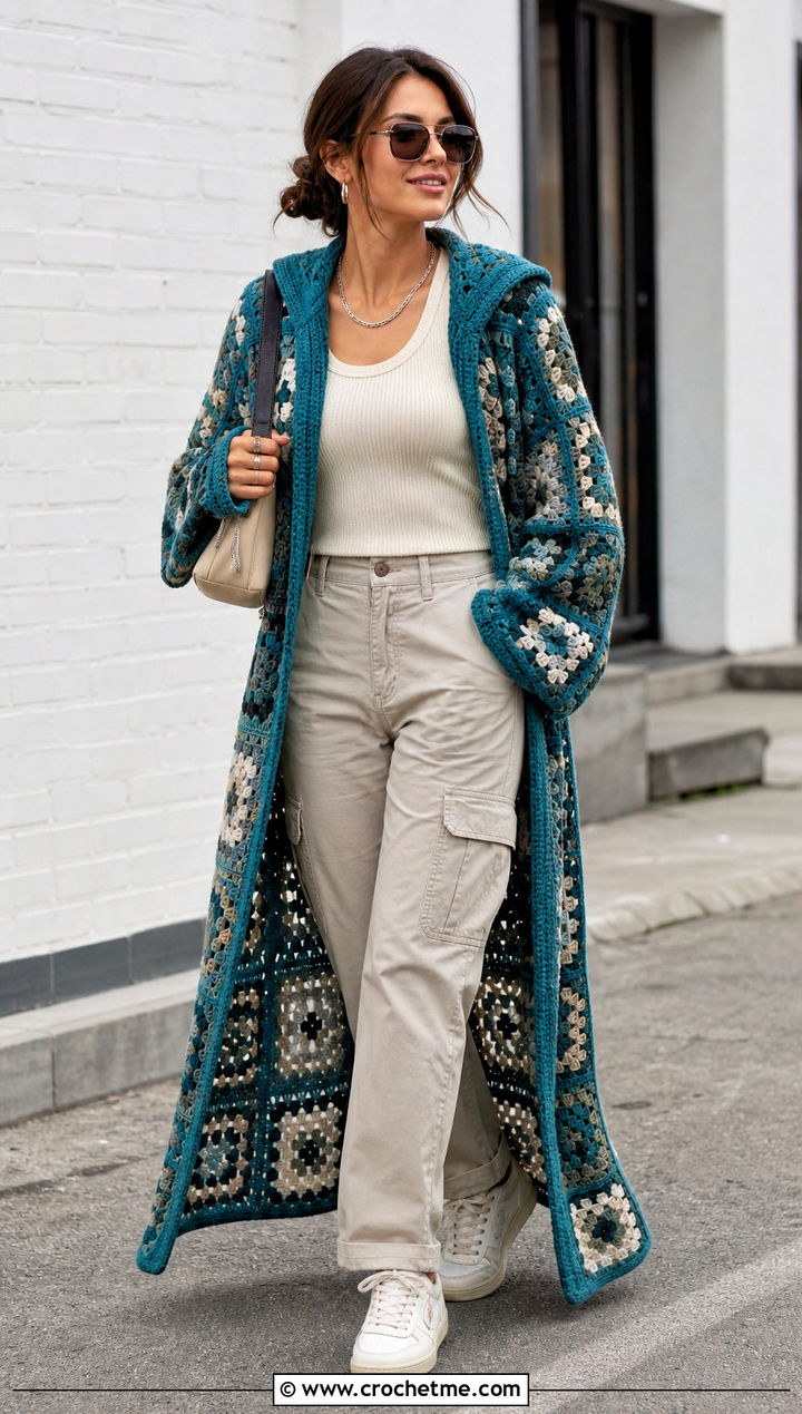 Hooded Granny Square Robe With Cargo Pants - 20 granny square robe outfit ideas