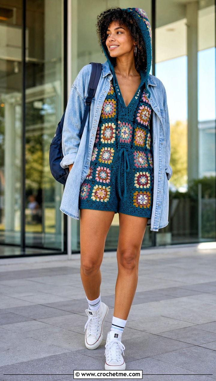 Hooded Granny Square Romper With High Top Sneakers - 30 crochet granny square romper outfit ideas