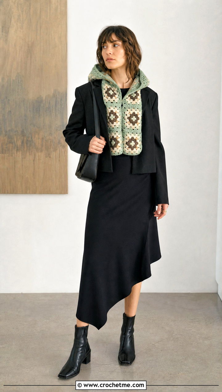 Hooded Granny Square Scarf With Asymmetric Dress And Ankle Boots - 35 granny square crochet scarf outfit ideas