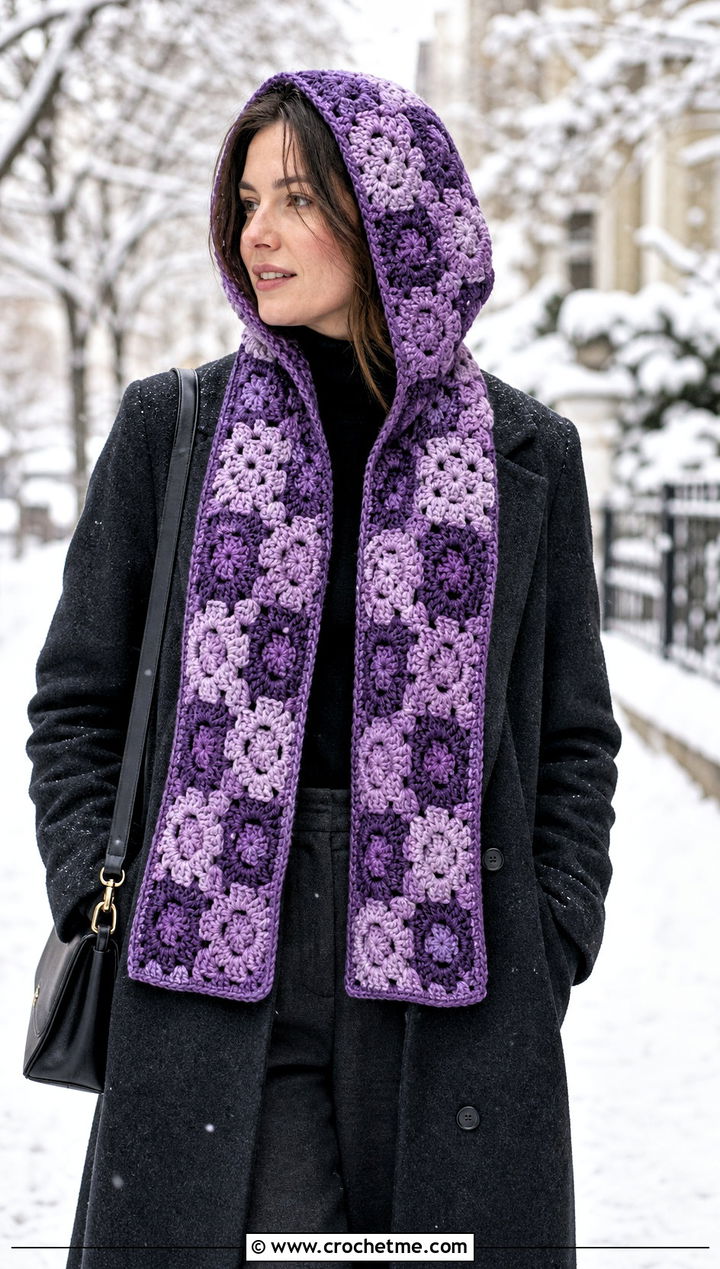 Hooded Granny Square Scarf With Long Coat and Ankle Boots - 25 granny square scarves outfit ideas