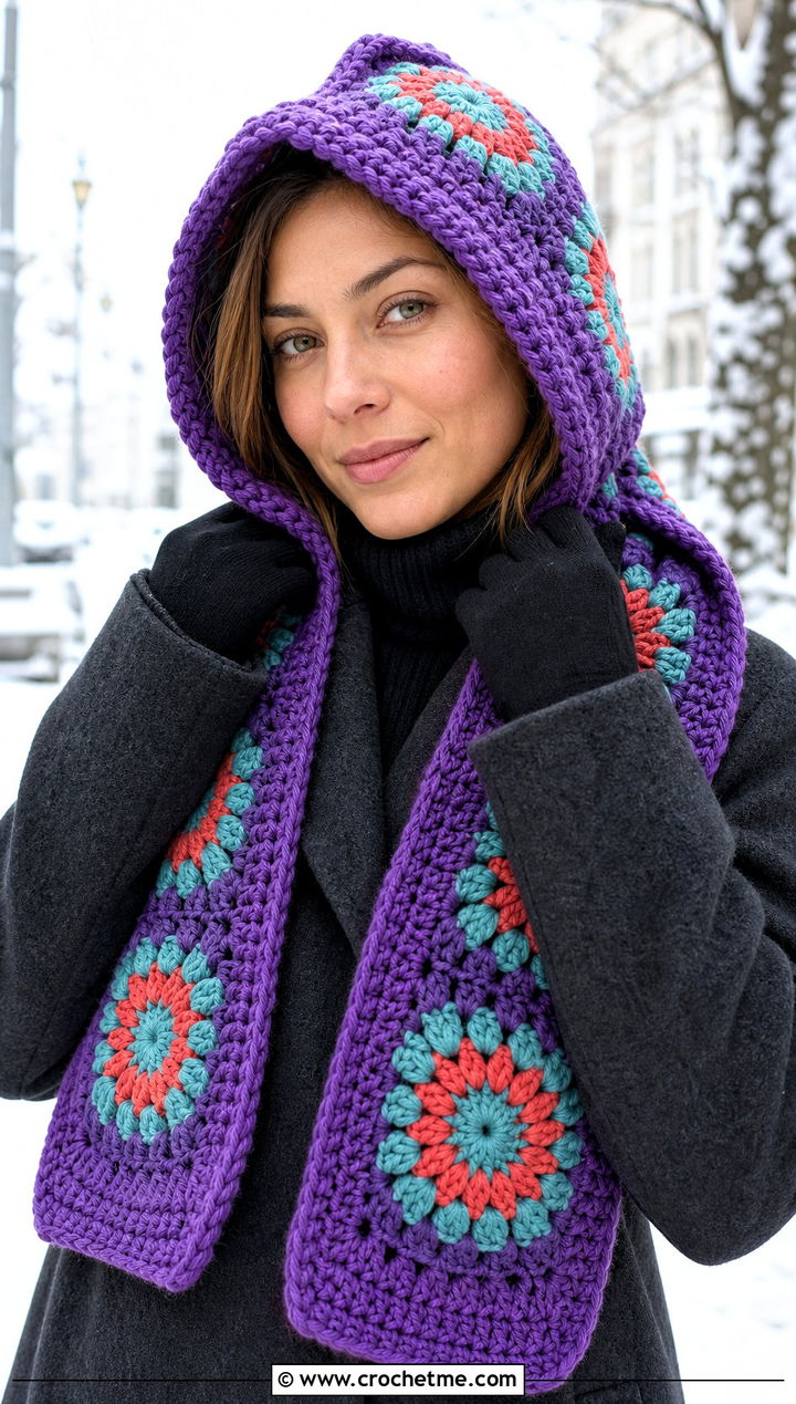 Hooded Granny Square Scarf With Long Wool Coat - 30 crochet granny square scarf outfit ideas
