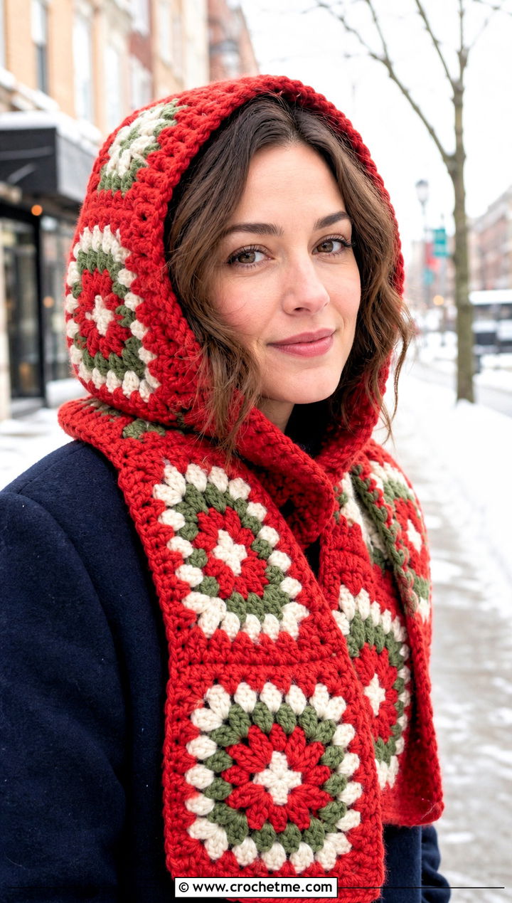 Hooded Granny Square Scarf With Wool Coat And Boots - 30 crochet scarf squares outfit ideas