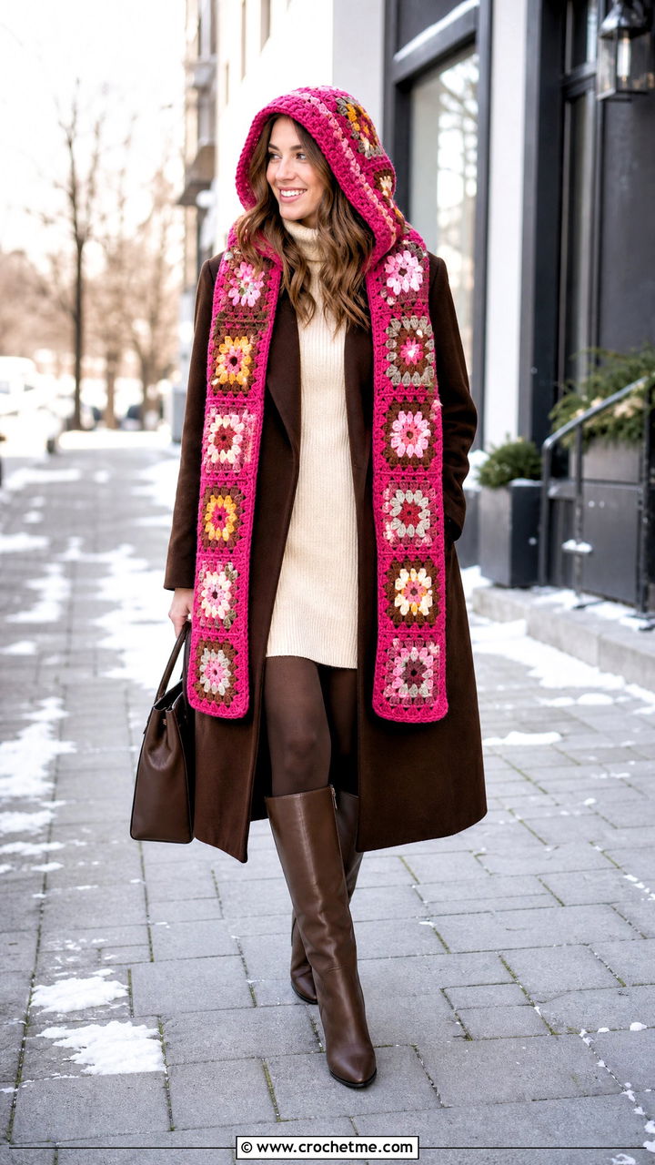 Hooded Granny Square Scarf With Wool Coat And Knee High Boots - 35 granny square scarf outfit ideas