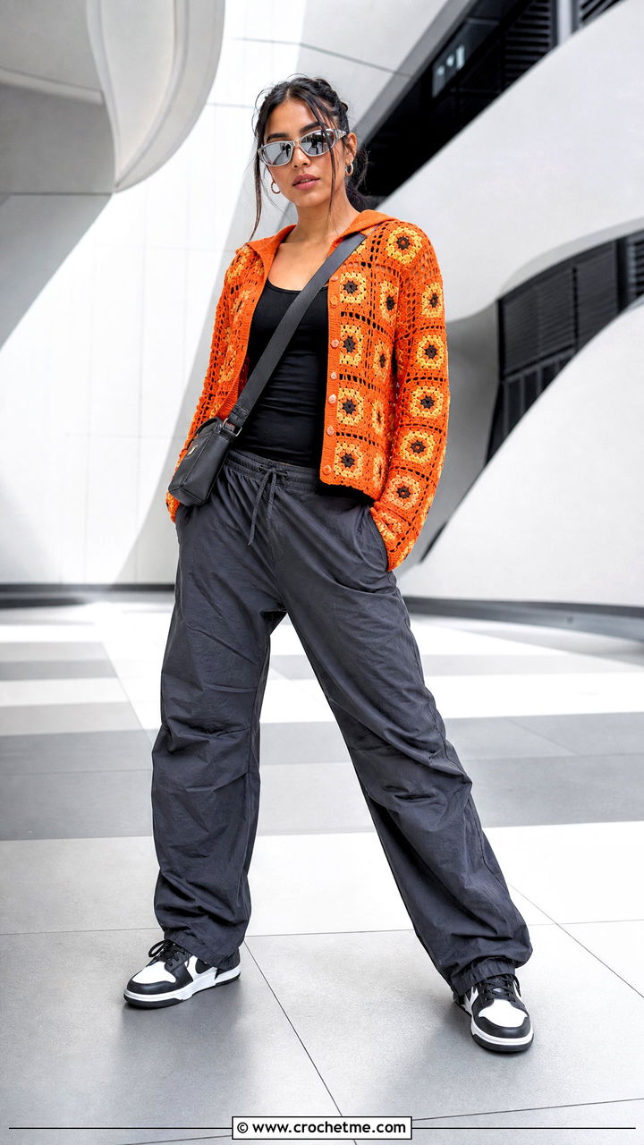 Hooded Granny Square Shirt With Parachute Pants - 35 granny square shirt outfit ideas