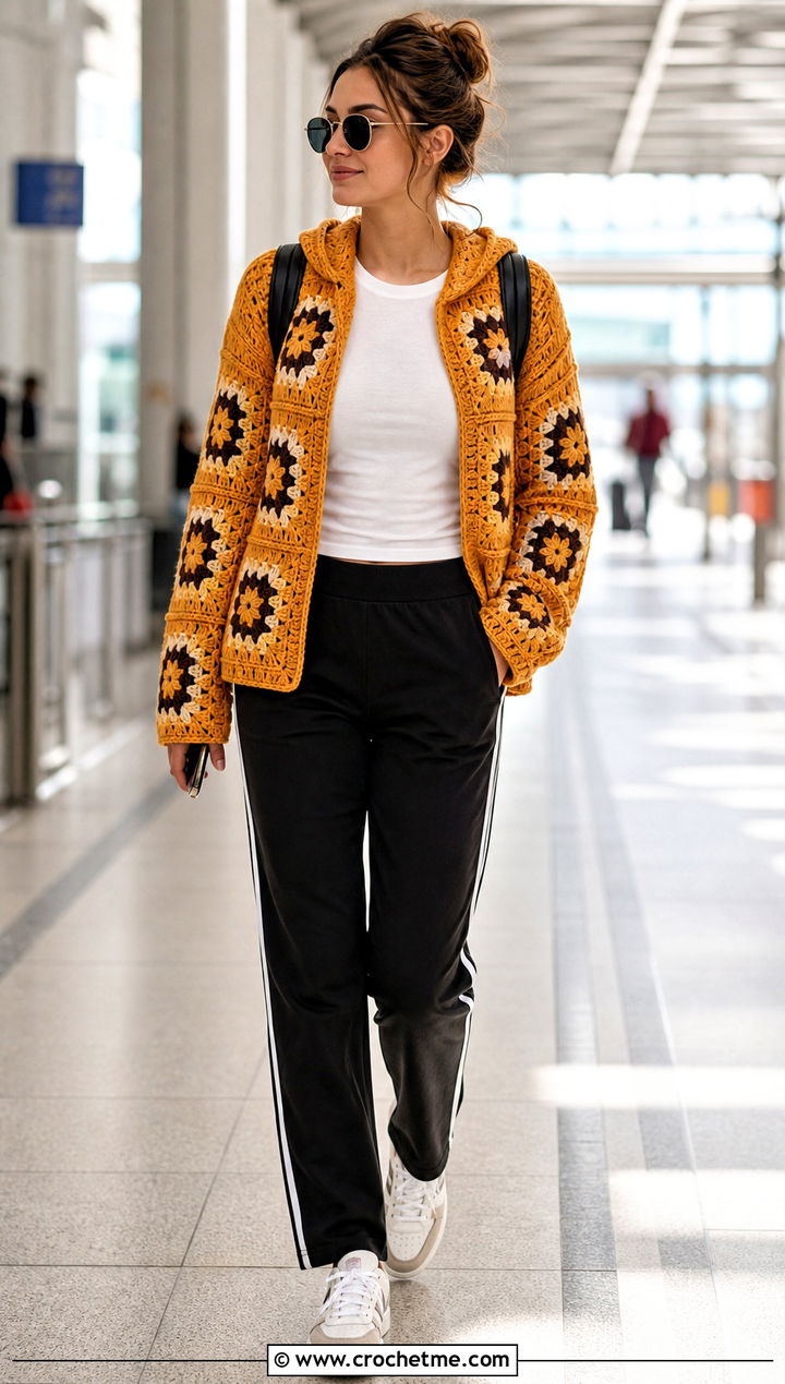 Hooded Granny Square Shrug With Track Pants - 25 Crochet Granny Shrug outfit ideas