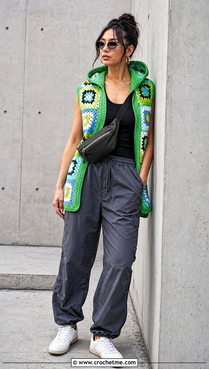 Hooded Granny Square Sleeveless Cardigan With Cargo Pants - 30 granny square sleeveless cardigan outfit ideas