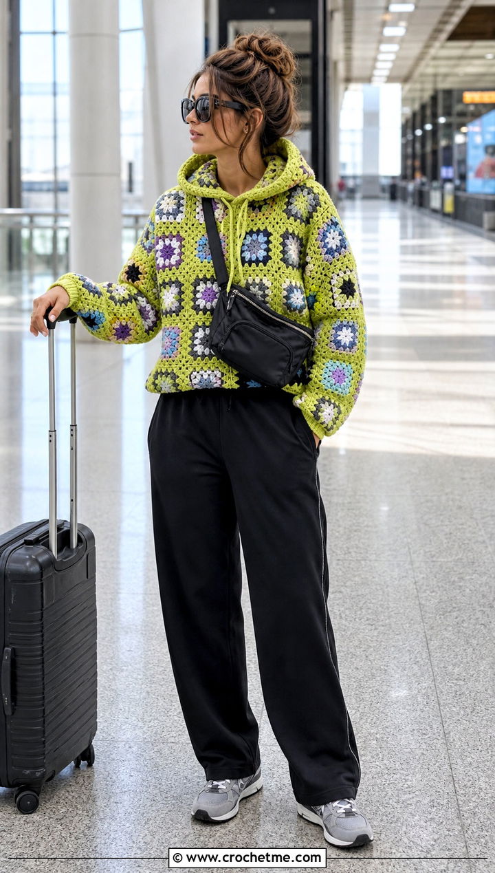 Hooded Granny Square Stitch Sweater With Track Pants - 25 granny square stitch sweater outfit ideas