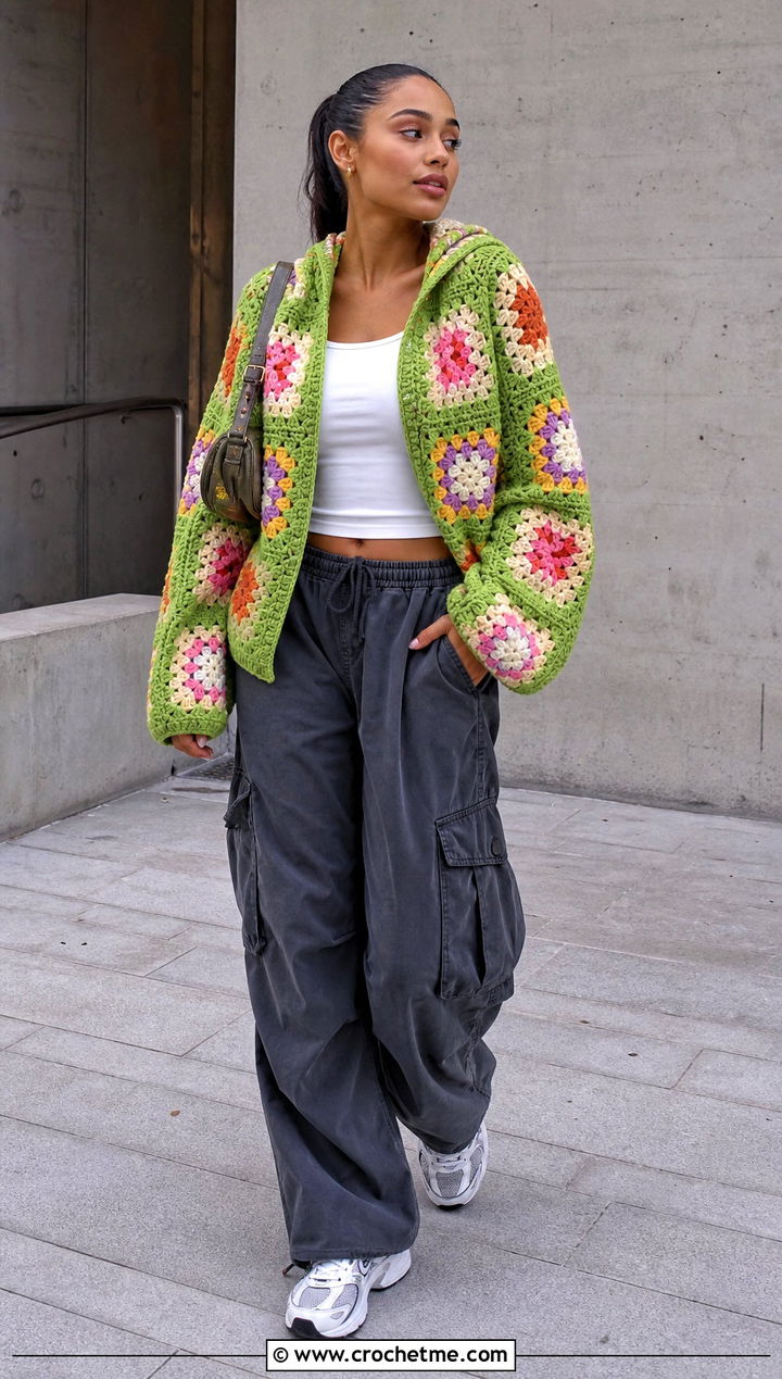 Hooded Granny Square Sweater With Cargo Pants - 30 crochet sweater with granny squares outfit ideas