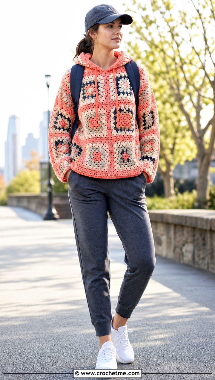 Hooded Granny Square Sweater With Joggers - 35 Crochet Square Sweater outfit ideas